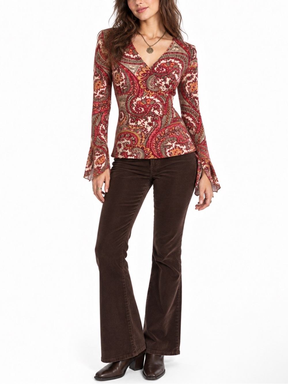 Vintage Y2K 90s Babydoll Paisley Flare Bell Sleeve Top Whimsigoth Boho Indie | M